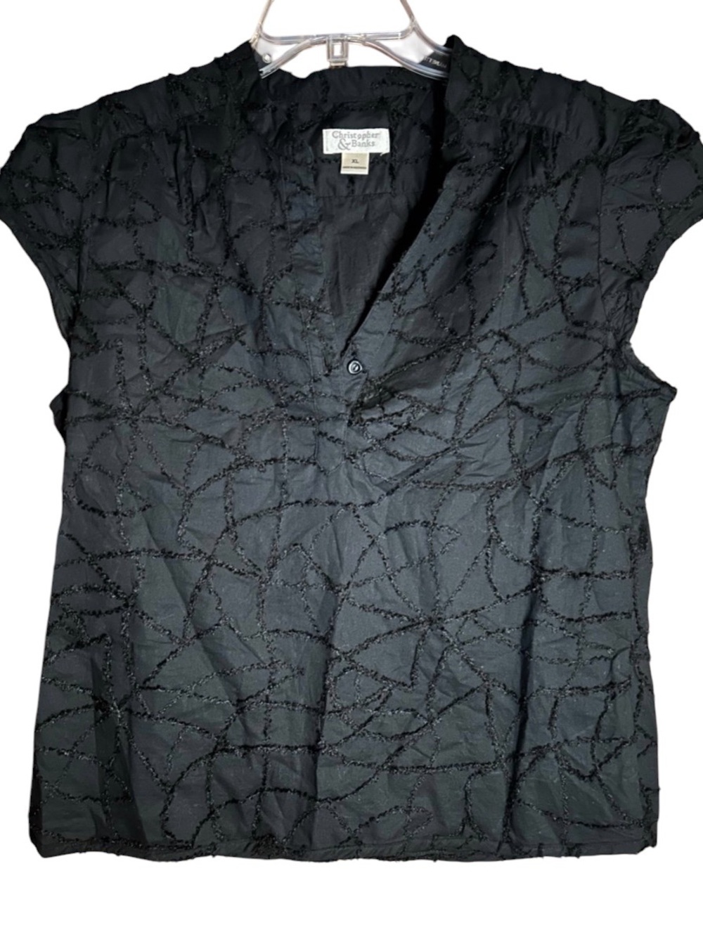 Christopher & Banks Black Crinkle Textured V-Neck Blouse Top XL